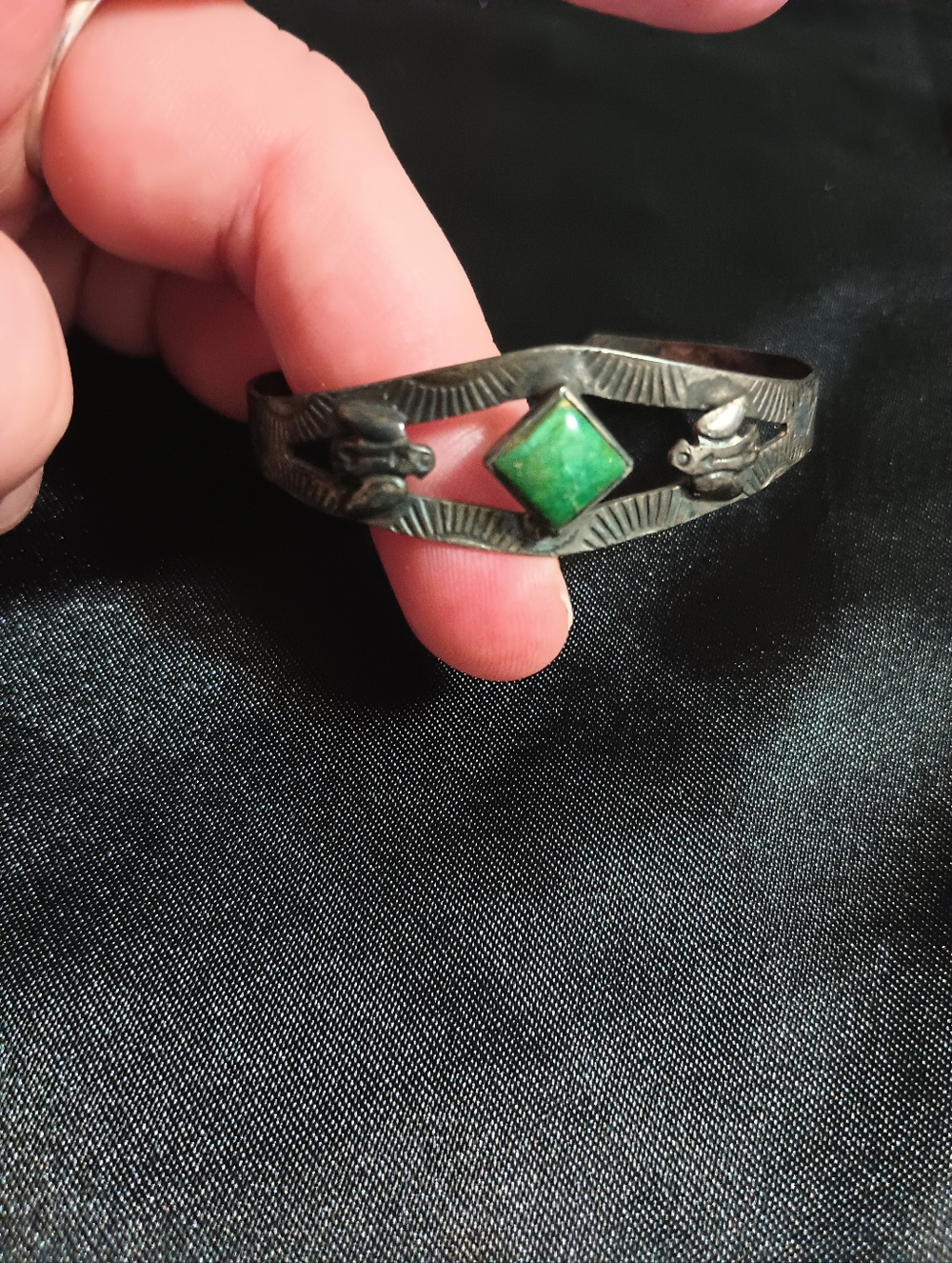 Vintage Silver Cuff Bracelet With Green Stone. Small